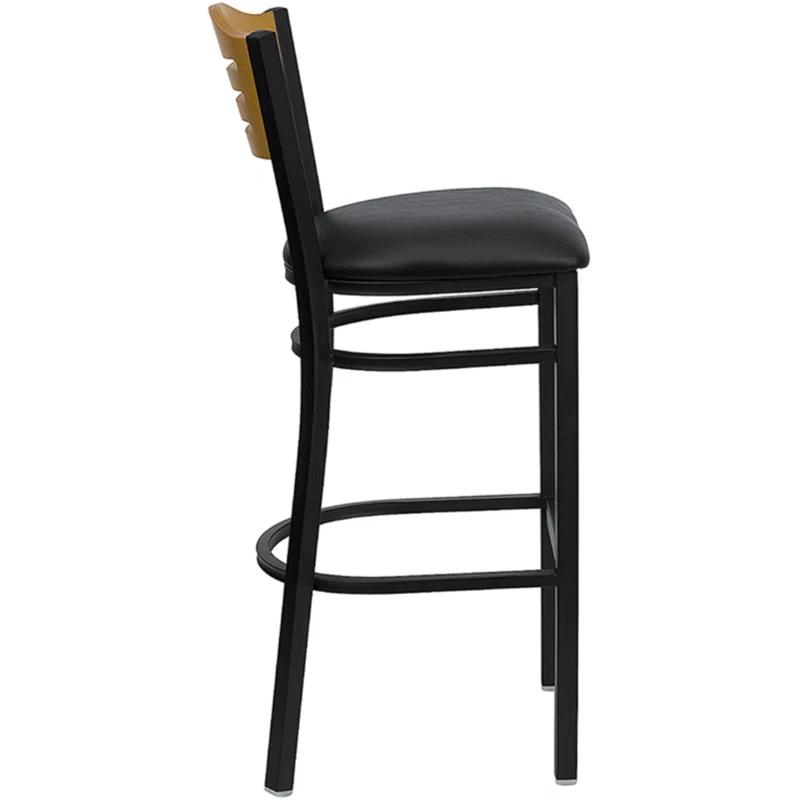 Black Metal Bar Stool with Decorative Cutout Back and Vinyl Seat