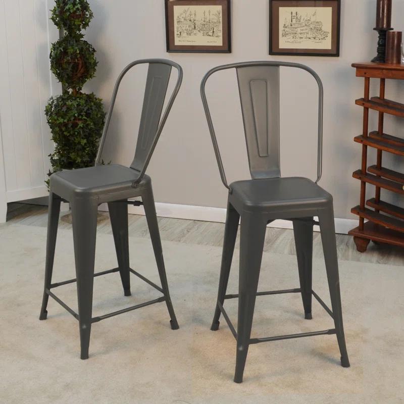 Set of 2 Rustic Pewter Counter Stools with Metal Frame