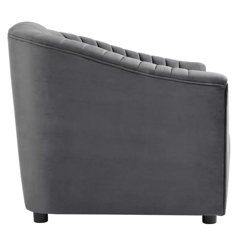 Charcoal Gray Velvet Channel Tufted Armchair with Wood Accents