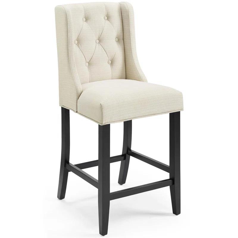 Beige Tufted Button Luxe Fabric Counter Stool with Solid Wood Legs