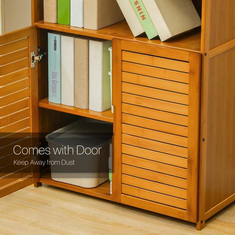 Brown Bamboo 5-Tier Bookcase with Shutter Doors