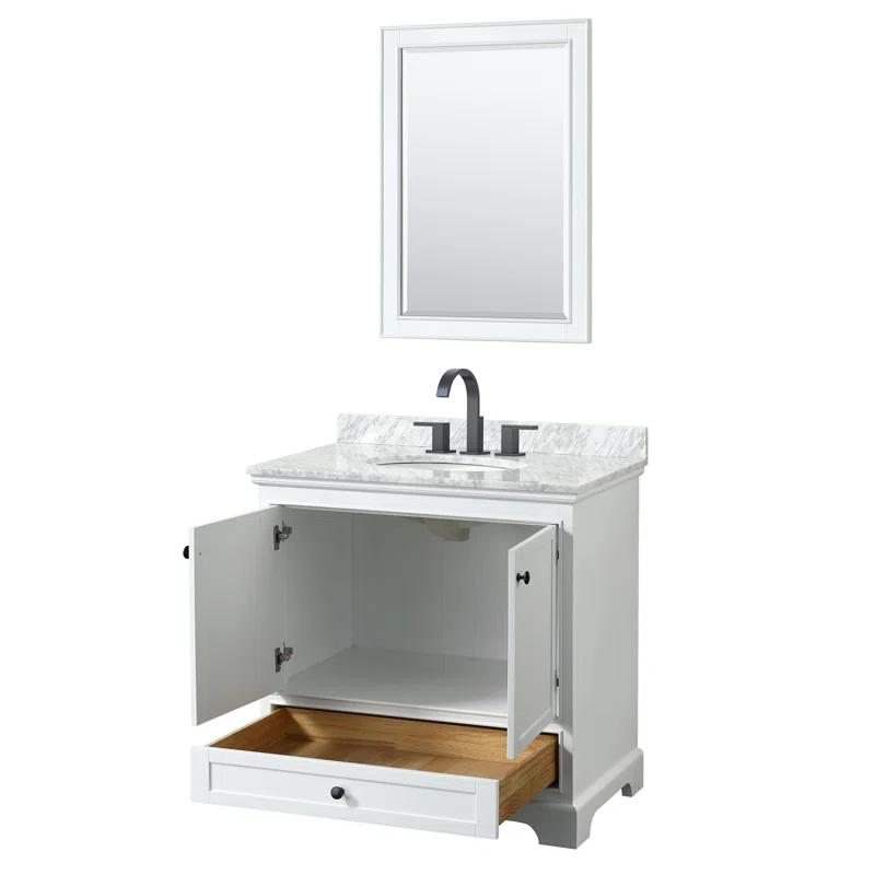 Deborah 36'' White Single Bathroom Vanity with Carrara Marble Top and Gold Trim