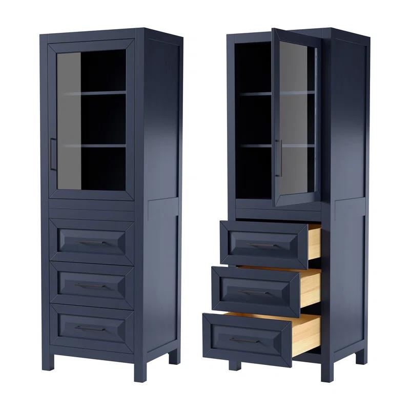 Daria Dark Blue Linen Tower Cabinet with Matte Black Trim & 3 Drawers