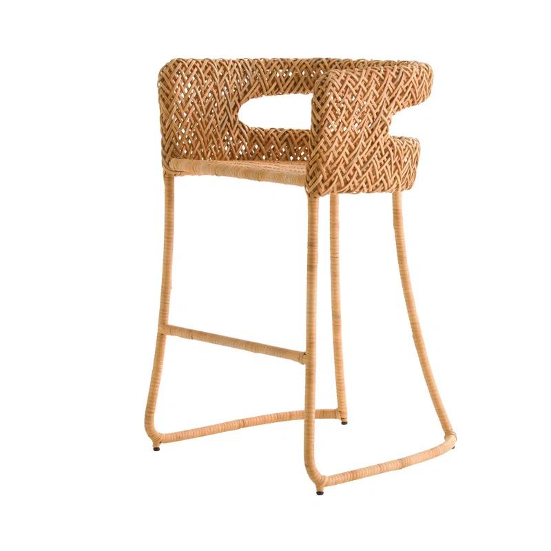 Rustic Brown Rattan Sled Base Counter Stool with Full Back