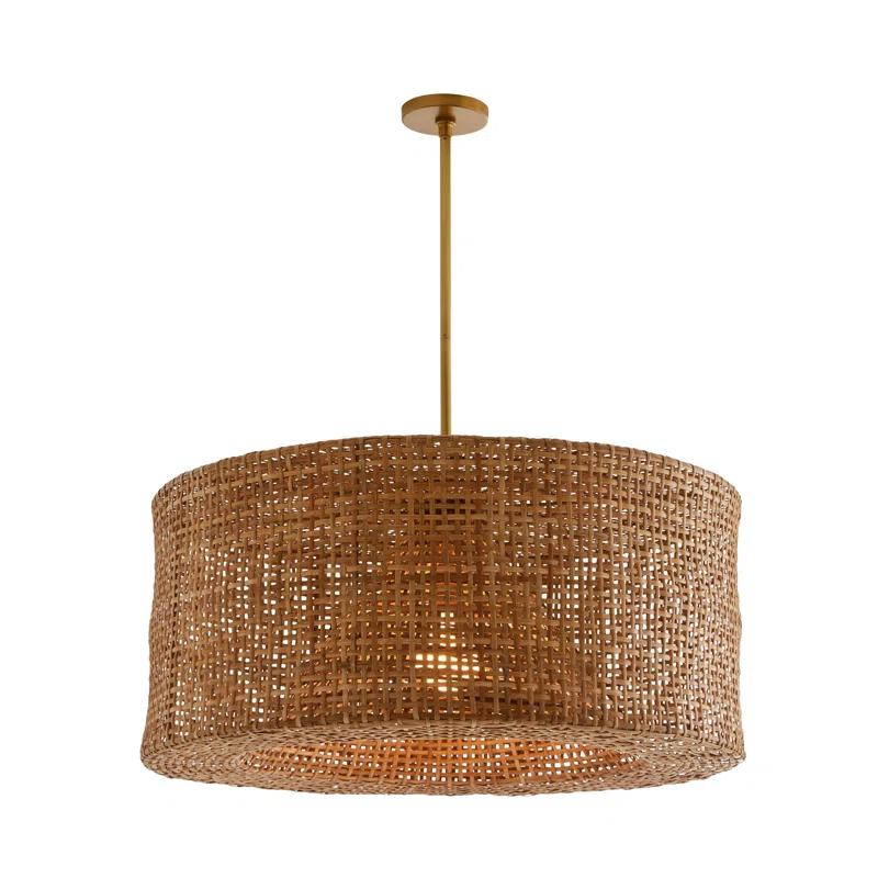 Nev 32" Airy Rattan and Antique Brass Drum Pendant Light