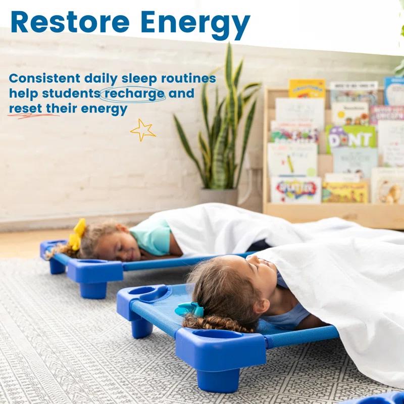 ECR4Kids ECR4Kids Stackable Kiddie Cot with Sheet, Classroom Furniture, Blue (Set of 6)