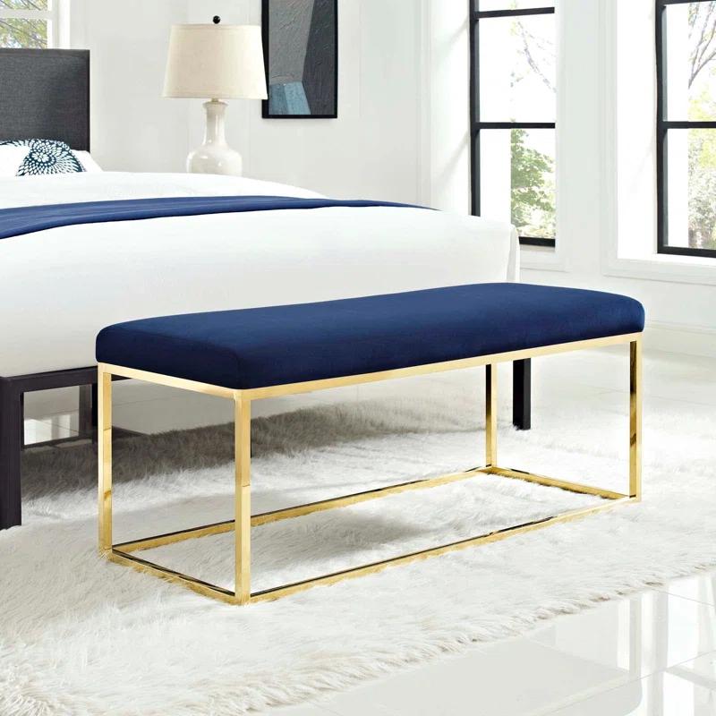 Elegant Navy Velvet and Gold Stainless Steel Bedroom Bench