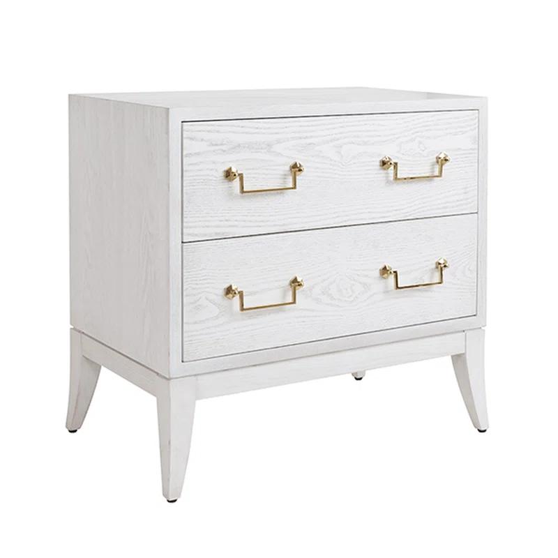 White Washed Oak and Brass Two-Drawer Nightstand