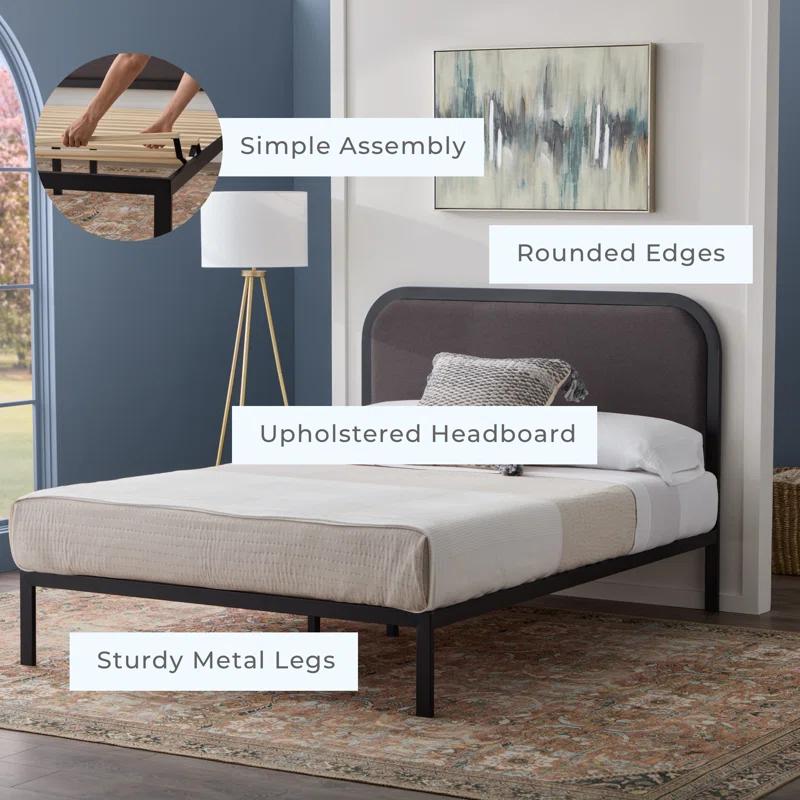 Brookside Metal Bed Frame with Rounded Upholstered Headboard