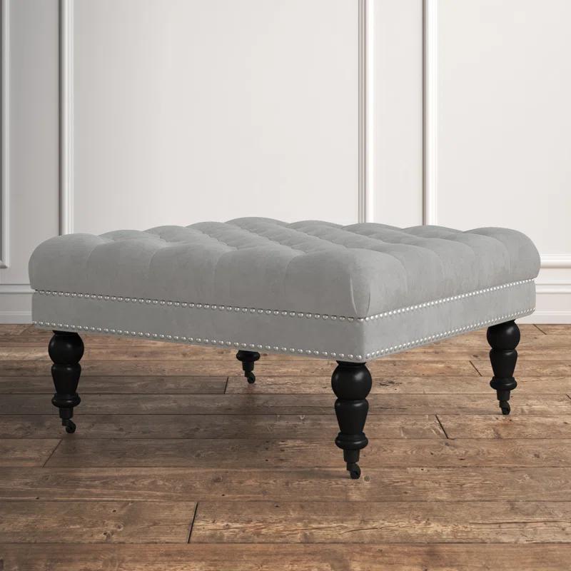 Isabelle 35" Gray Velvet Tufted Cocktail Ottoman with Nailhead Trim