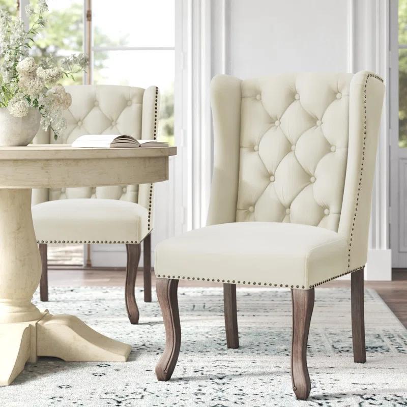 Ivory Velvet Upholstered Side Chair with Wood Legs