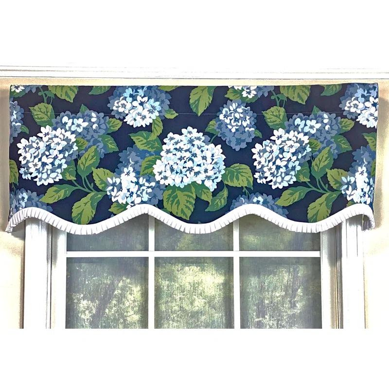 Navy Floral Cotton Scalloped Window Valance with Rod Pocket