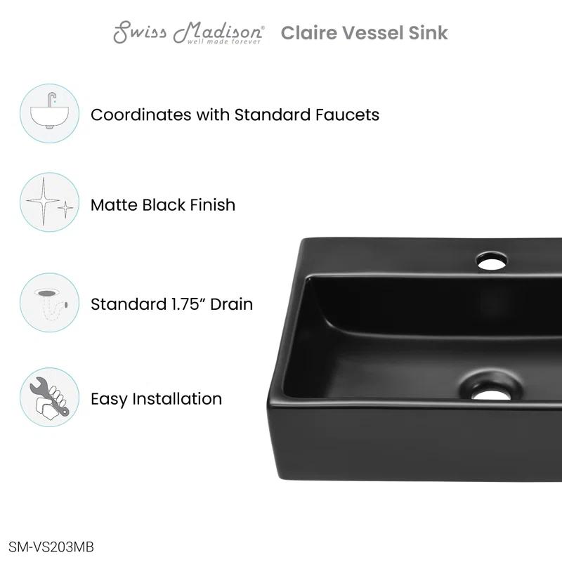 Claire 20" Matte Black Ceramic Rectangular Vessel Sink