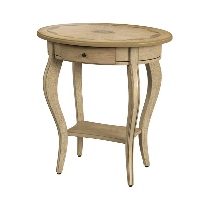 Elegant Round Beige Wood Side Table with Storage Shelf and Drawer