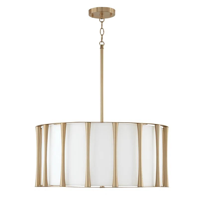 Matte Brass Elegance 4-Light Drum Pendant with White Fabric Shade