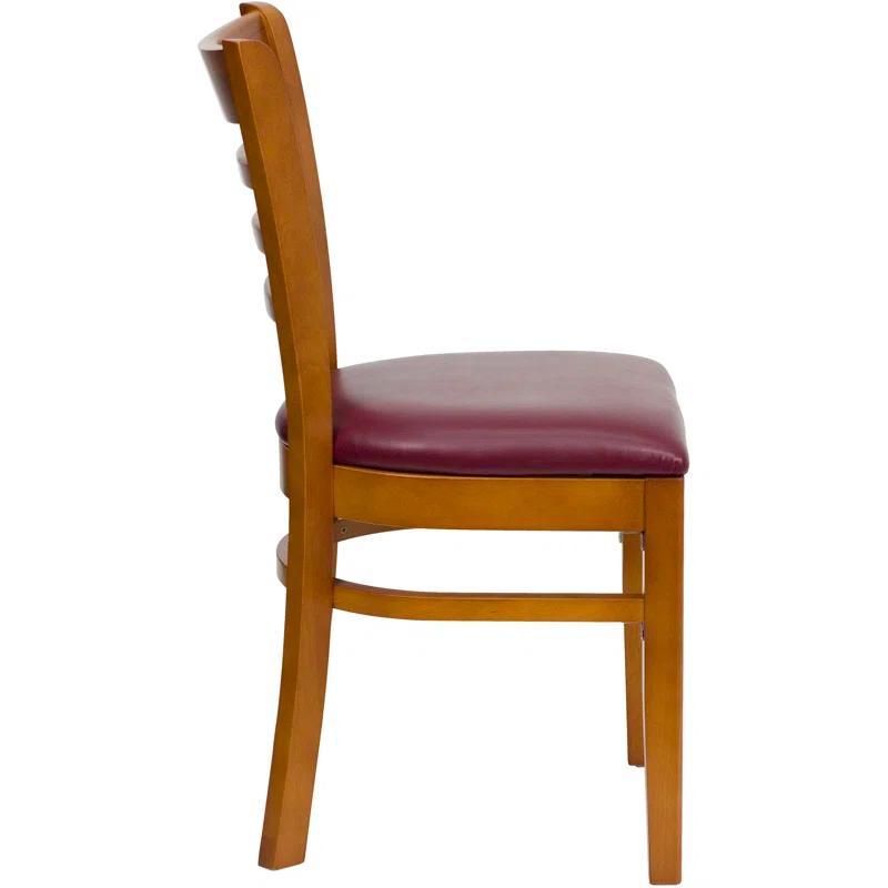 Cherry Wood & Burgundy Vinyl Upholstered Ladderback Side Chair