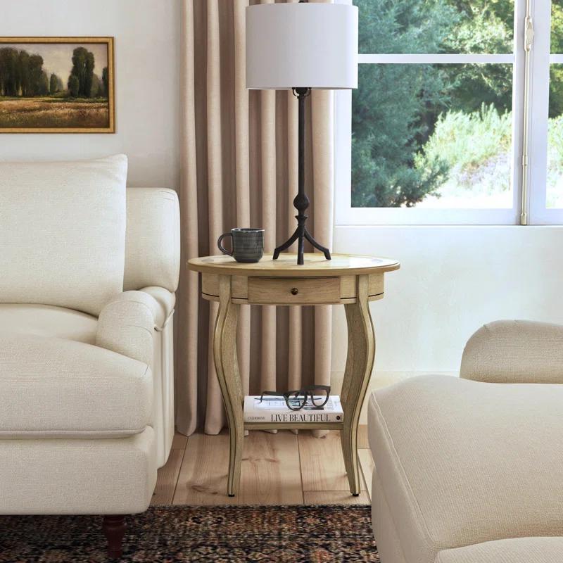 Elegant Round Beige Wood Side Table with Storage Shelf and Drawer