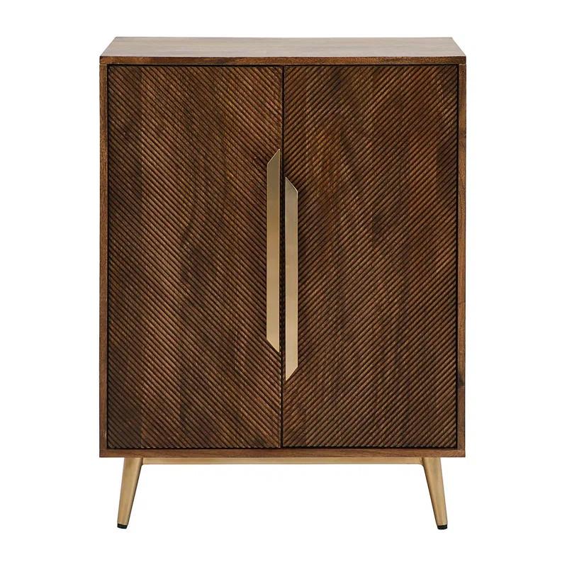 Cortez 32" Gold-Legged Mango Wood Accent Cabinet with Carved Doors