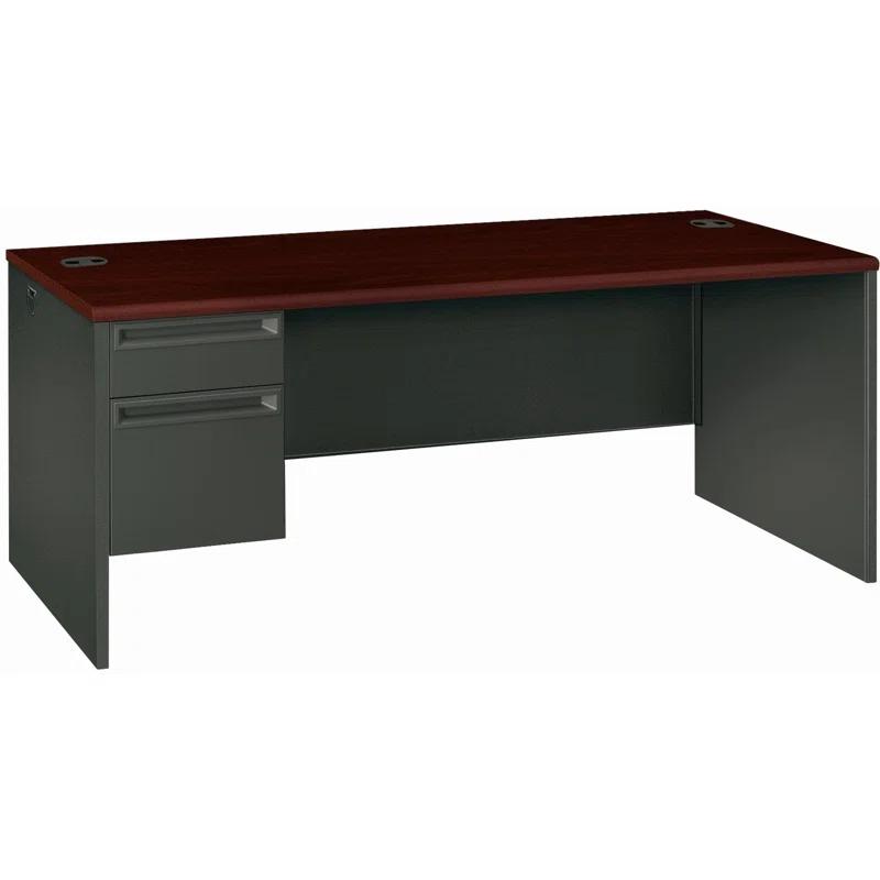 Charcoal Metal Office Desk with Brown Top and Drawer Management