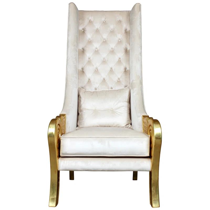 Eros White Velvet Handcrafted Wingback Chair with Gold Accents