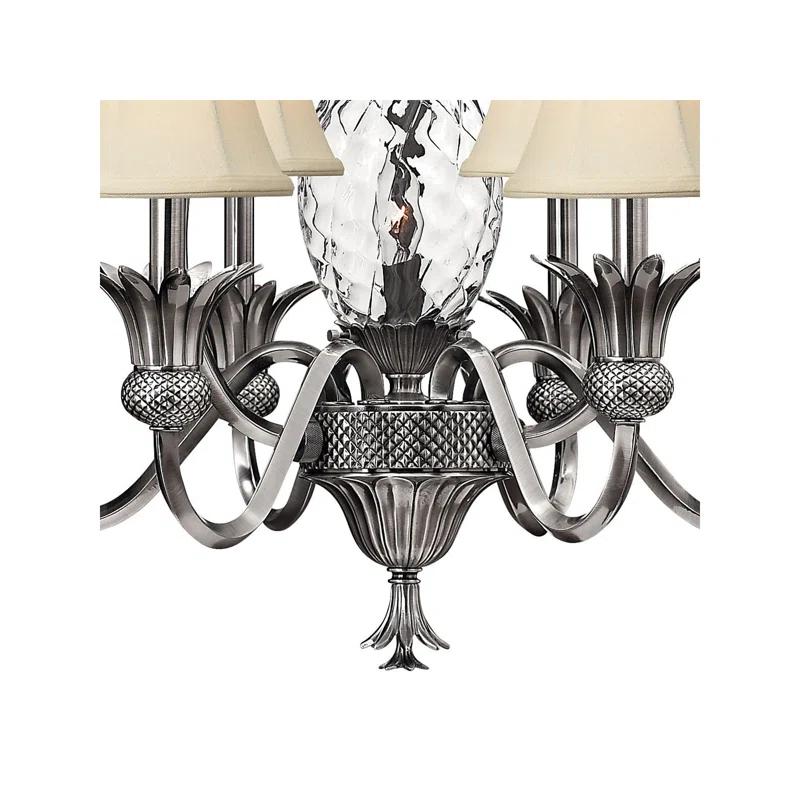 Elegant Plantation Antique Nickel 7-Light Chandelier with Ivory Silk Shades