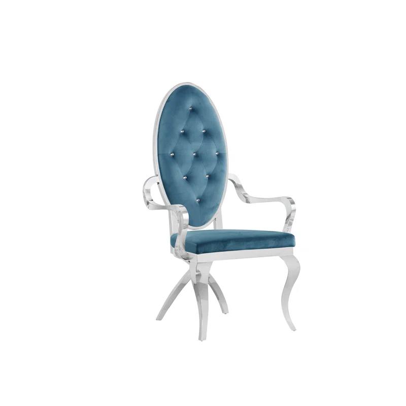 Elegant Teal Blue Velvet Round Arm Side Chair with Silver Stainless Steel Frame