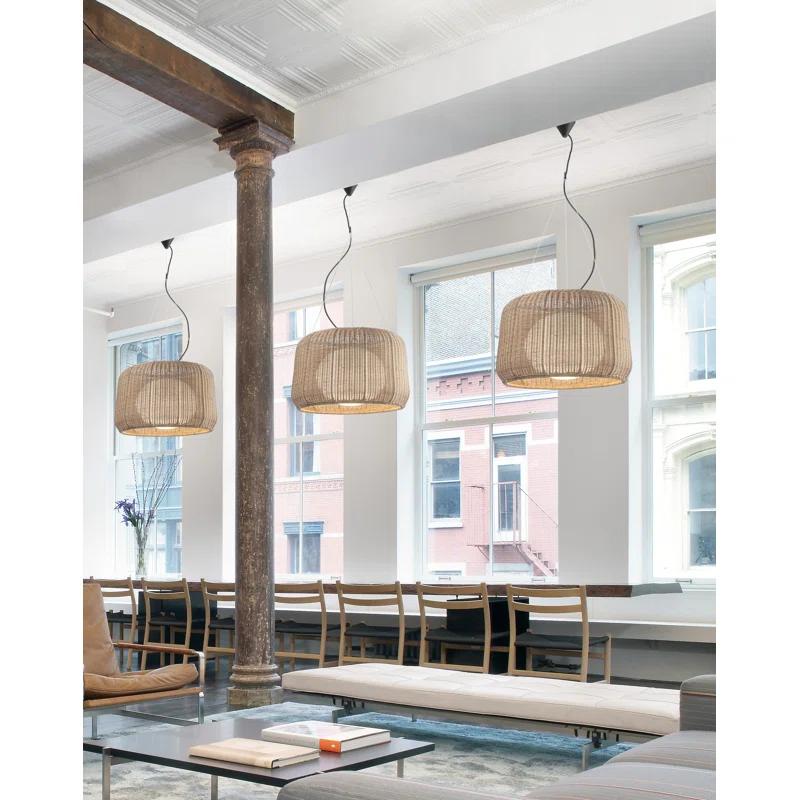 Graphite Brown LED Indoor/Outdoor Drum Pendant Light with Rattan Shade