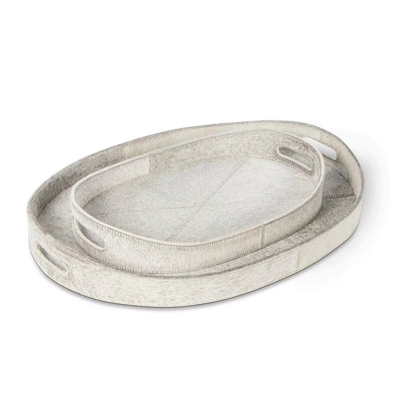 Andres Pale Gray Oval Leather Serving Tray Set