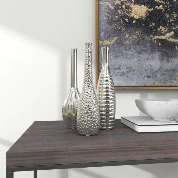 Elegant Trio Silver Ceramic Vase Set with Textured Finish