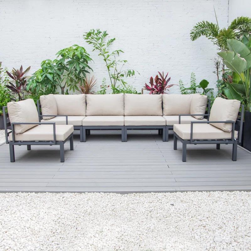 LeisureMod Hamilton Modern 6-Peice Modular Outdoor Sectional Aluminum Patio Conversation Set with Beige Cushions