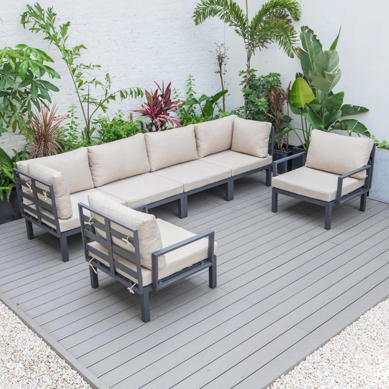 LeisureMod Hamilton Modern 6-Peice Modular Outdoor Sectional Aluminum Patio Conversation Set with Beige Cushions