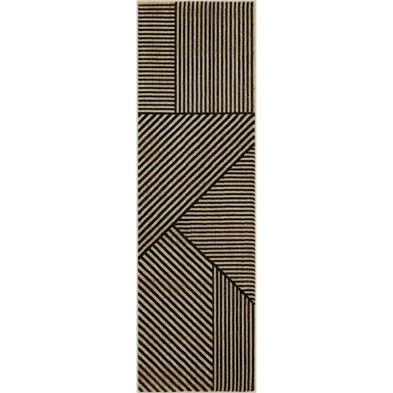 Linea Black Geometric Polyester 28''x94'' Area Rug