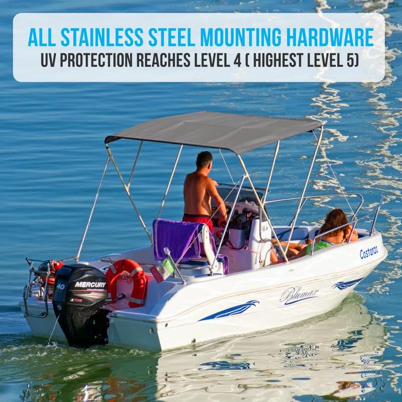 SereneLife 3 Bow Bimini Top - 2 Straps And 2 Rear Support Poles With Marine-Grade 600D Polyester Canvas (Gray) | Wayfair