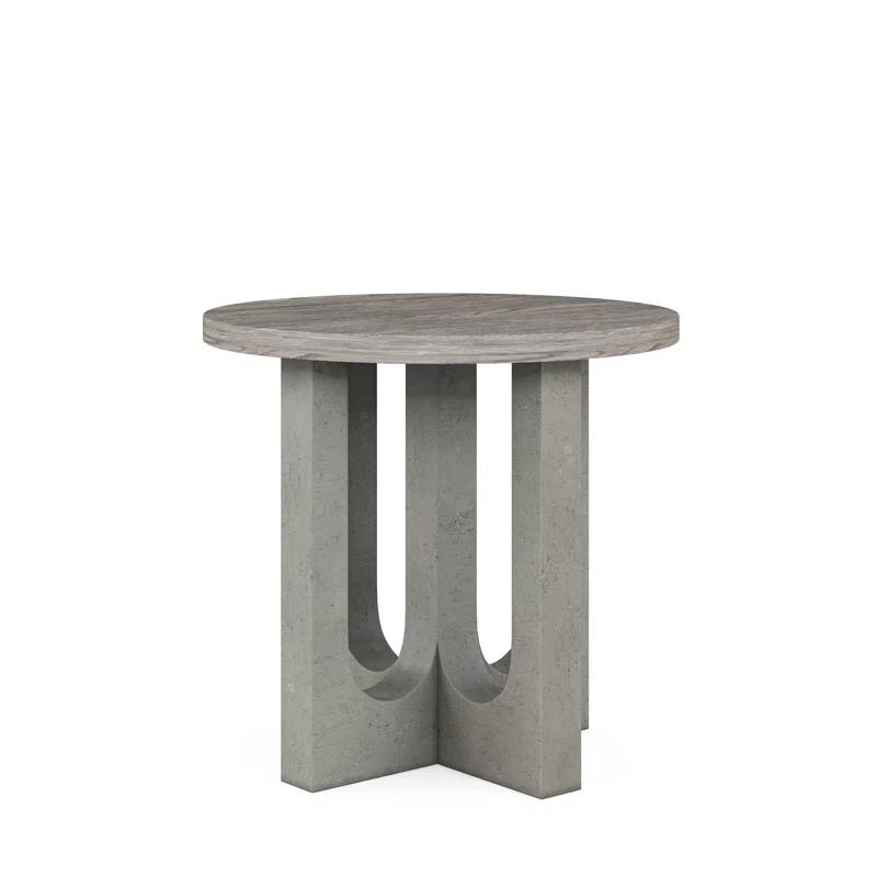 Transitional Mink Grey Wood Round End Table with Concrete-Resin Top