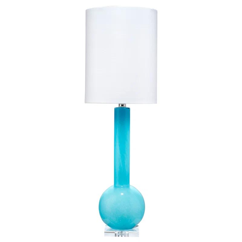 Elegant Blue Glass Stick Table Lamp with White Linen Shade