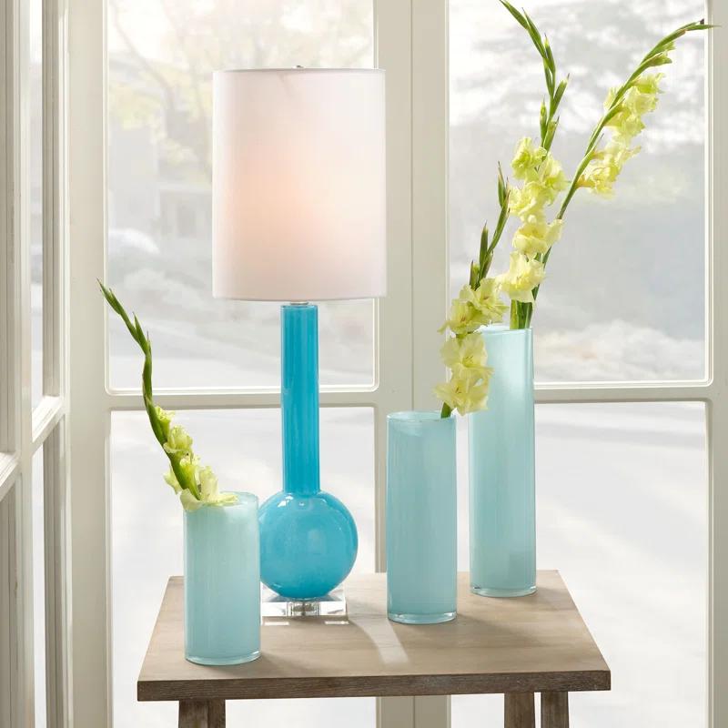 Elegant Blue Glass Stick Table Lamp with White Linen Shade