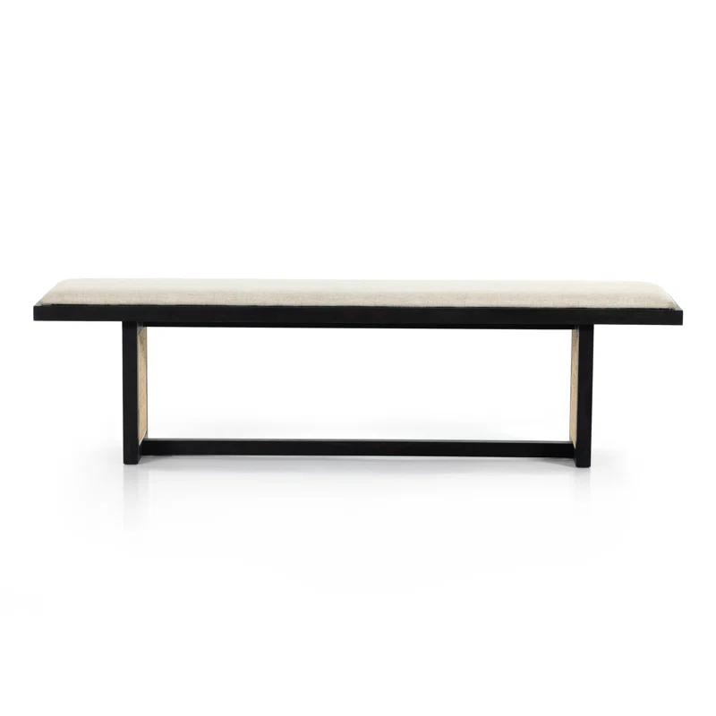 Beige Fabric and Mango Wood Bench with Natural Cane Accents