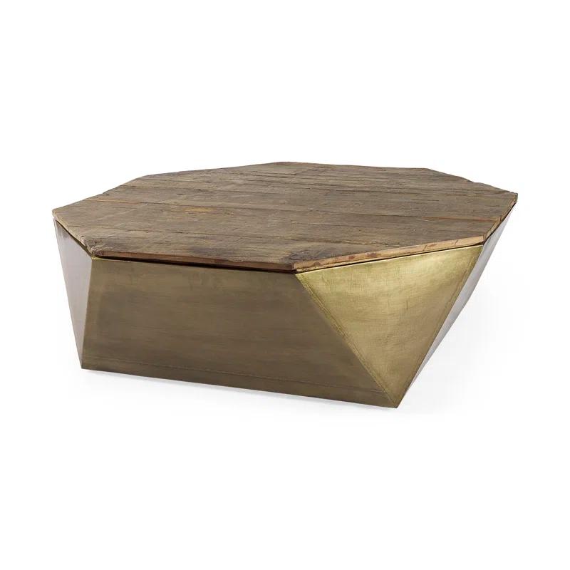 Esagono Rustic Hexagonal Wood & Brass Lift-Top Coffee Table with Storage