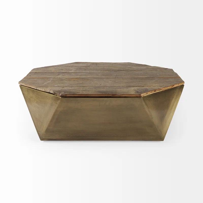 Esagono Rustic Hexagonal Wood & Brass Lift-Top Coffee Table with Storage