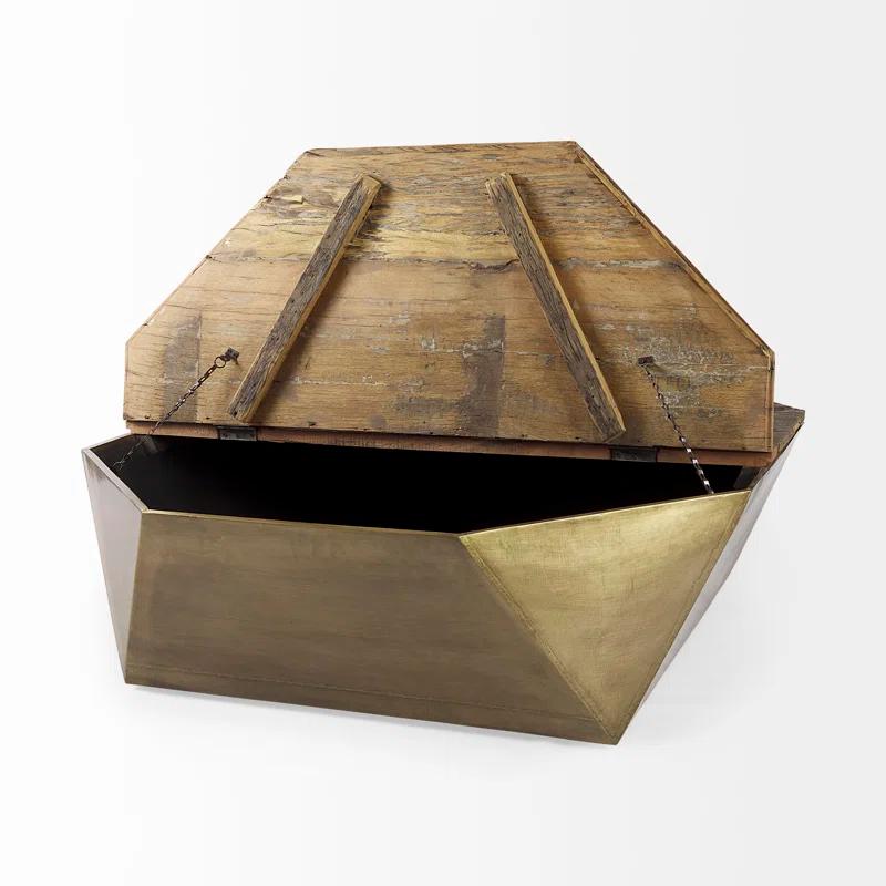 Esagono Rustic Hexagonal Wood & Brass Lift-Top Coffee Table with Storage