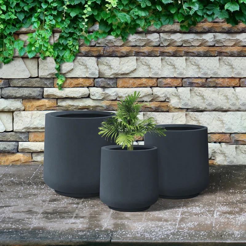 Kante Charcoal Concrete Round Planters with Drainage Holes Set