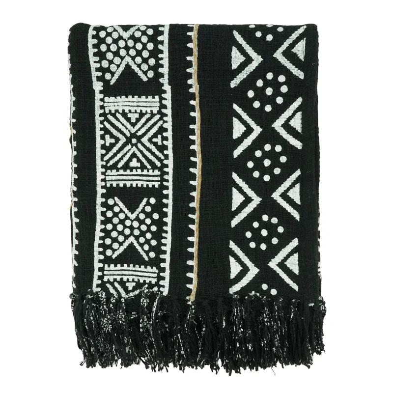 Modern Black Mudcloth Cotton Throw Blanket 50"x60"