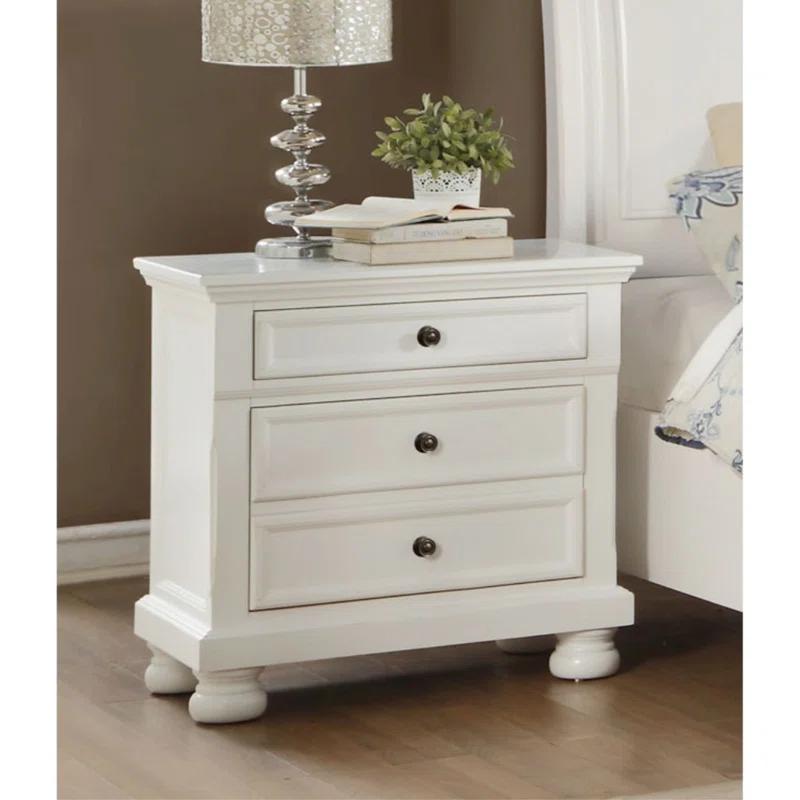 White Wooden Nightstand with Hidden Drawer and Bun Legs