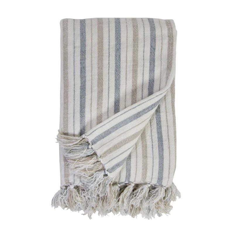Naples Ocean Blue and Taupe Striped Linen Queen Throw with Tassels