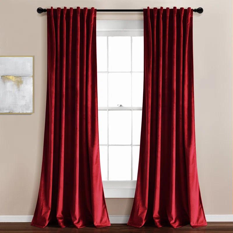 Red Velvet Blackout Pleated Curtain Panel Pair