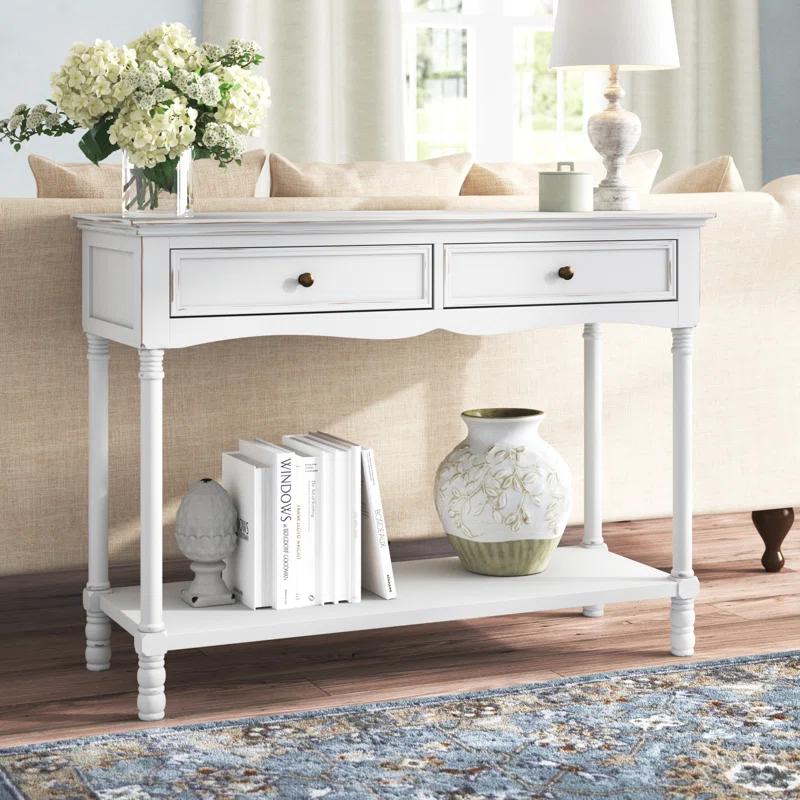 Brighton Distressed White Wood 2-Drawer Storage Console Table