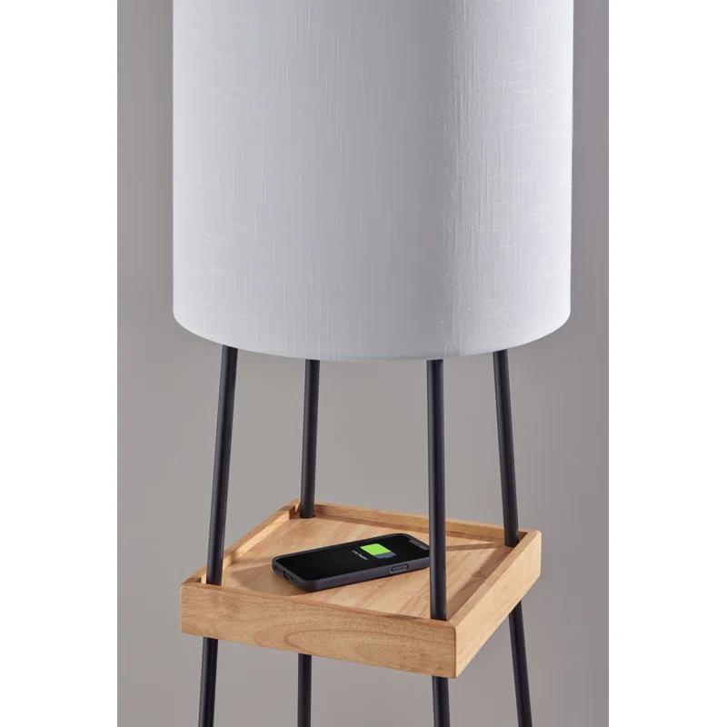 Adesso 63'' Black and Natural Wood Shelf Floor Lamp with USB