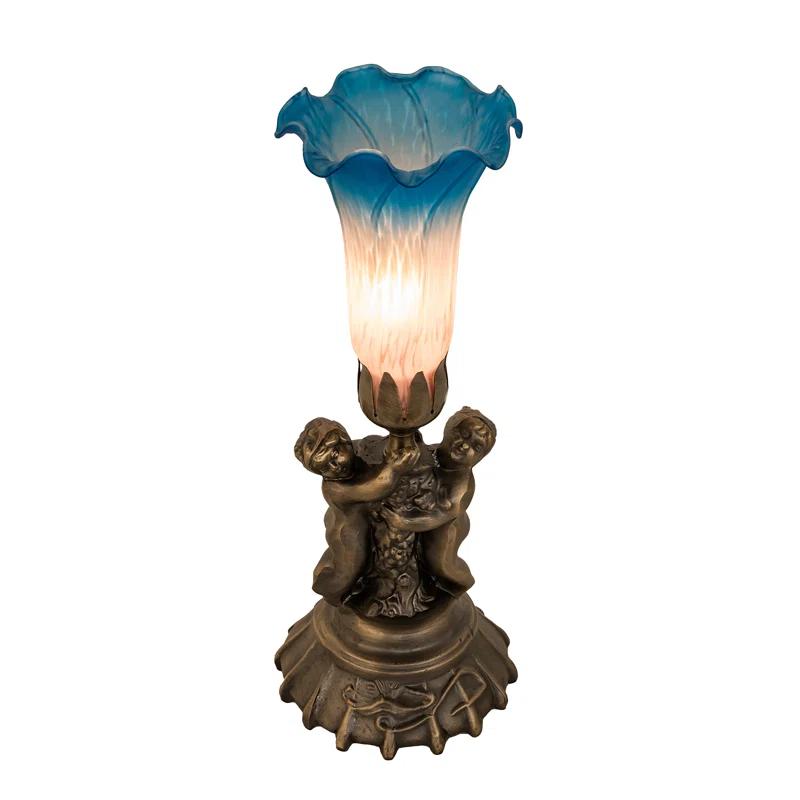 Meyda Lighting 13" High Pink/Blue Tiffany Pond Lily Twin Cherub Accent Lamp