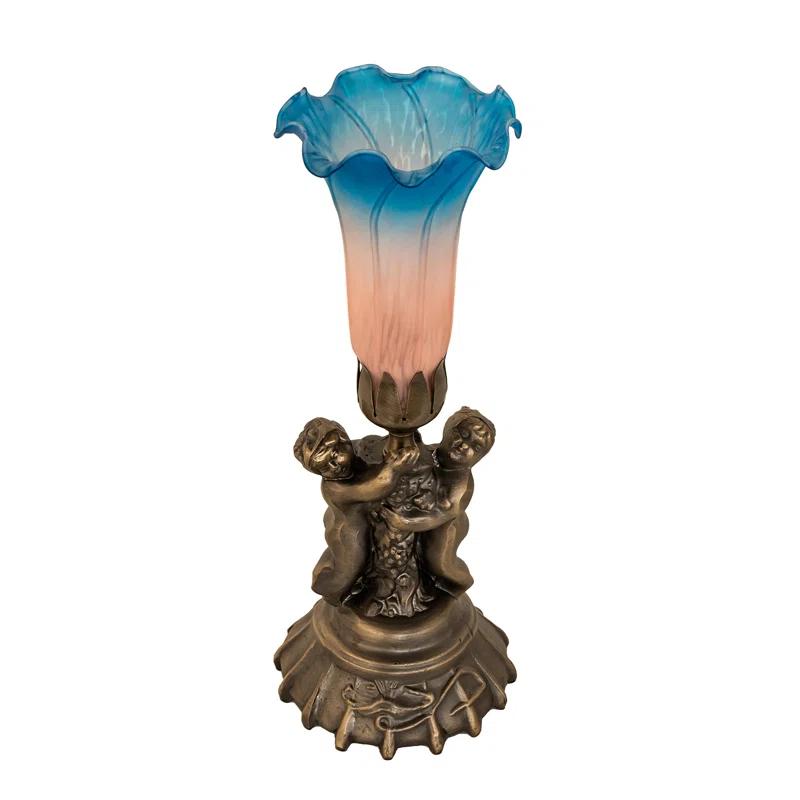 Meyda Lighting 13" High Pink/Blue Tiffany Pond Lily Twin Cherub Accent Lamp