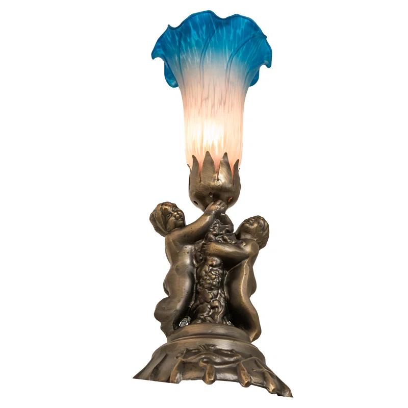 Meyda Lighting 13" High Pink/Blue Tiffany Pond Lily Twin Cherub Accent Lamp